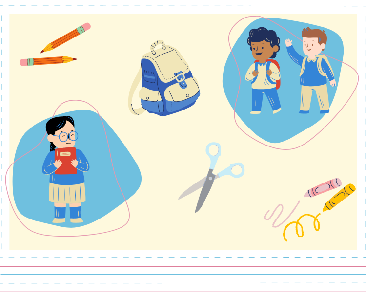 illustration of three children; pencils, scissors, crayons, and a backpack float around them