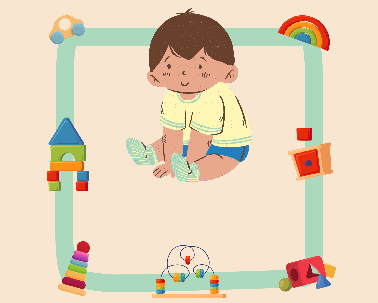 illustration of a baby sitting next to a variety of wooden toys