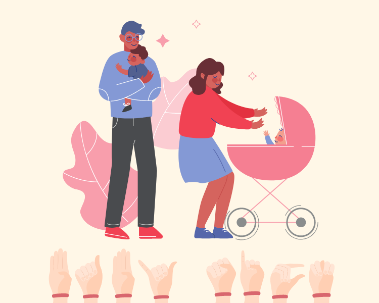 illustration of a couple interacting with their two children; multiple hands beneath them spell out "baby sign" in American Sign Language