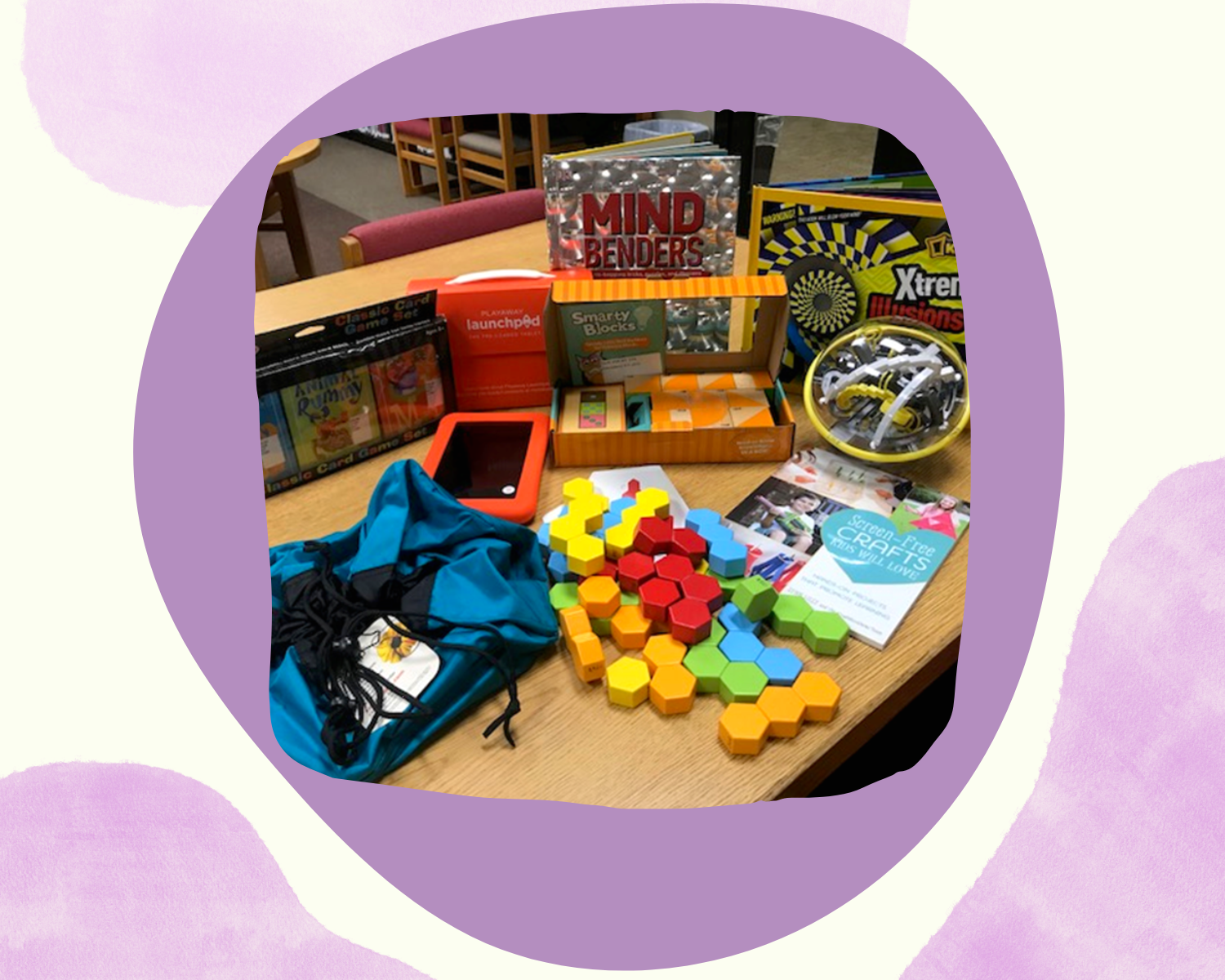 image of a backpack, puzzles, and books about puzzles