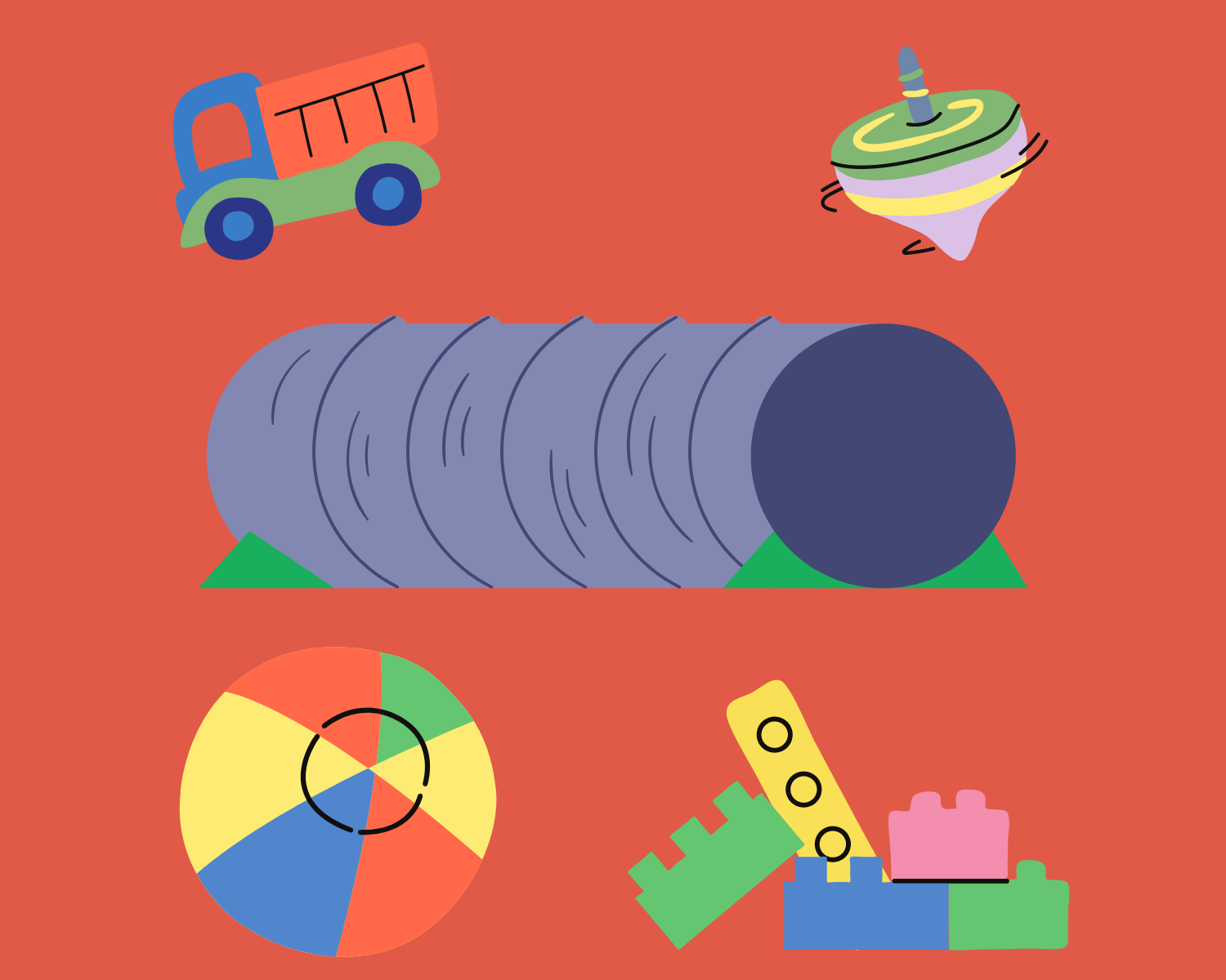 illustration of toys, including, a ball, a toy truck, a spinning top, a tunnel, and a pile of blocks