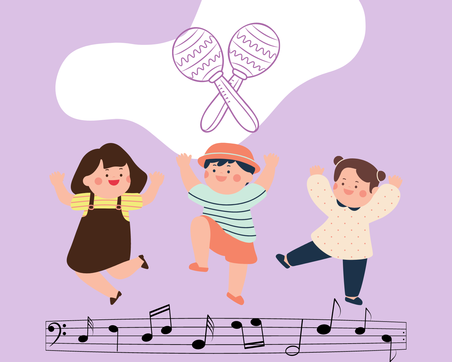 illustration of three children dancing above musical notes