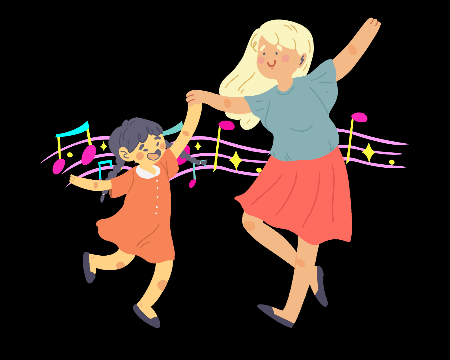 illustration of a child and an adult dancing in front of floating musical notes
