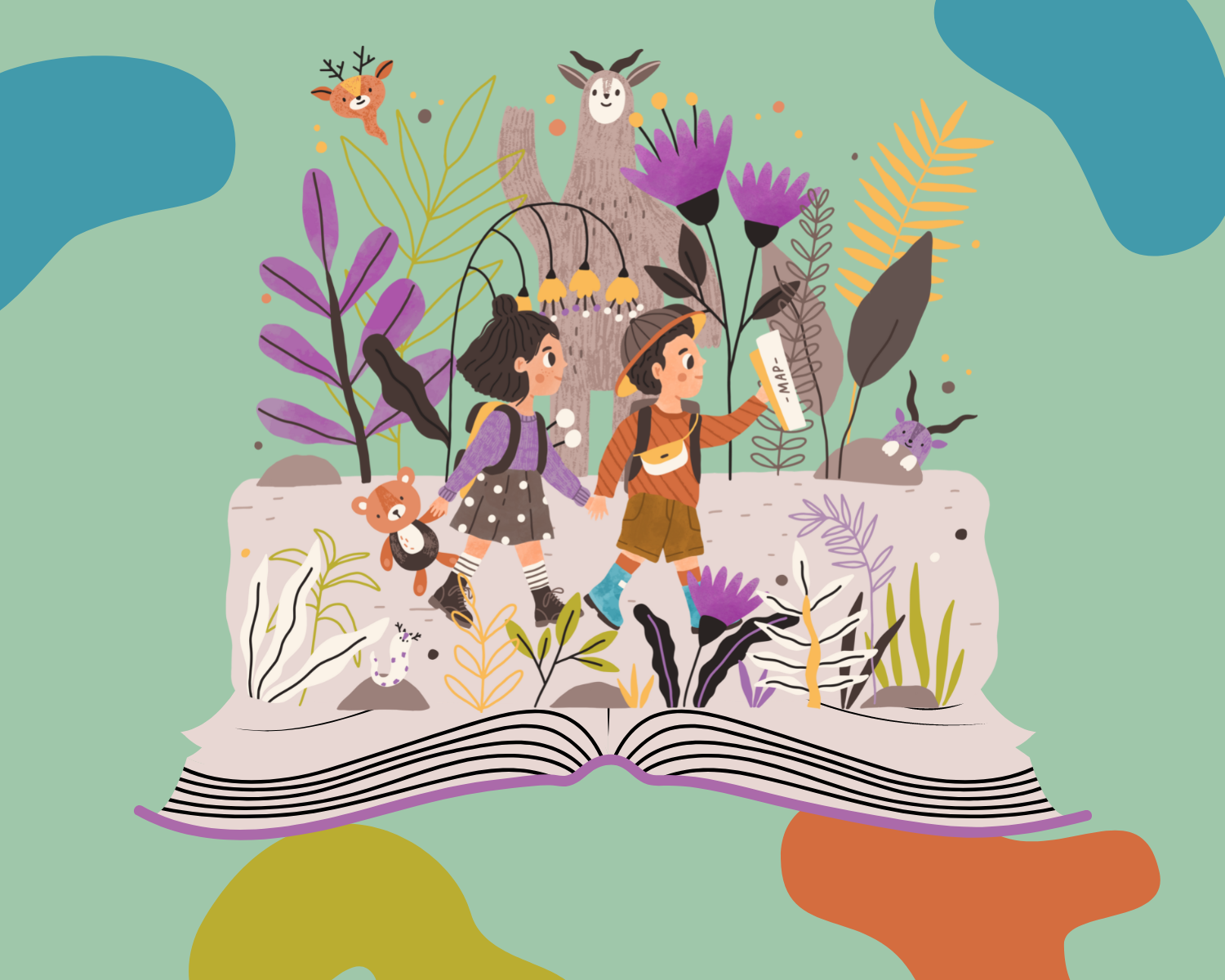 illustration of children and magical creatures walking across a pop-up book 