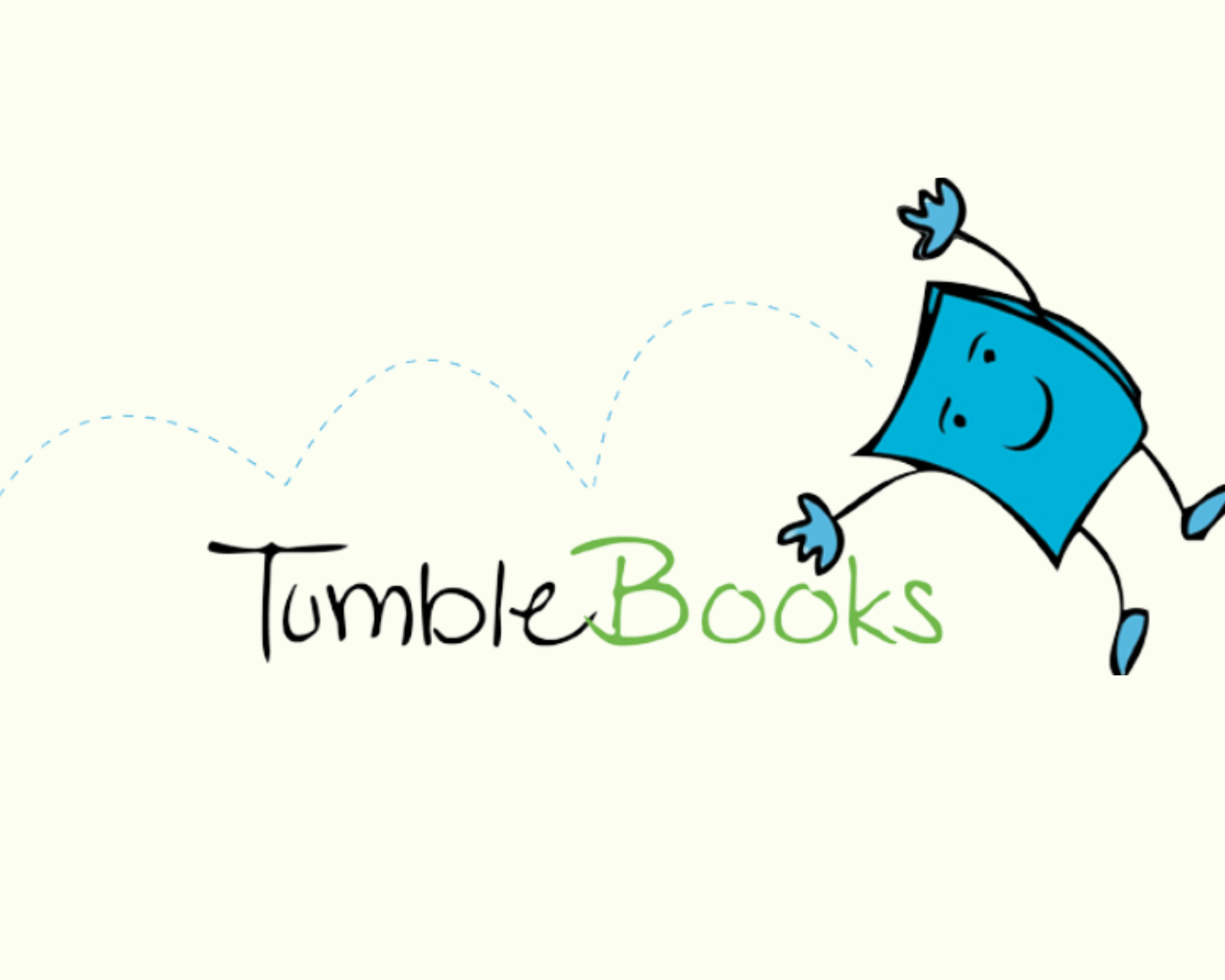 Tumble Books; illustration of a smiling book doing cartwheels