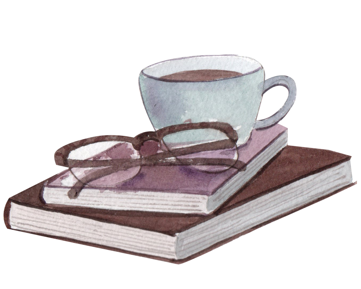 watercolor illustration of two books, a pair of glass, and a mug