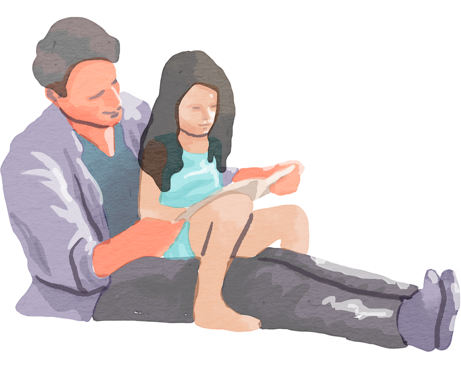 watercolor illustration of an adult reading to a child