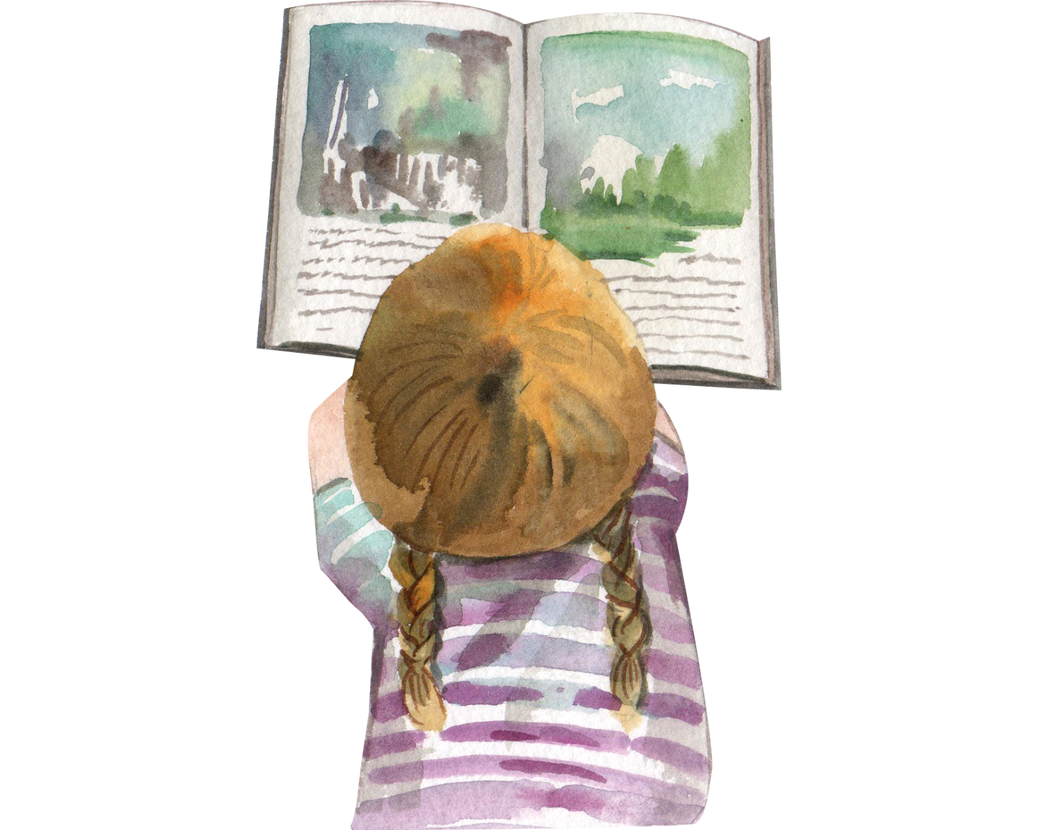 watercolor illustration of a young child reading a picture book
