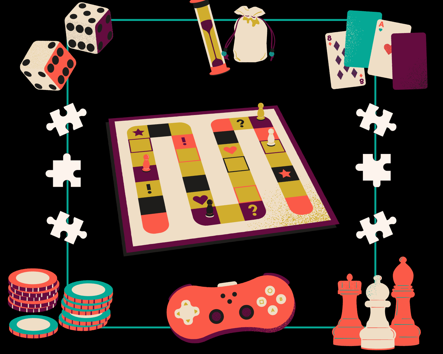 Various game elements, such as chips, cards, dice, pawns, puzzles