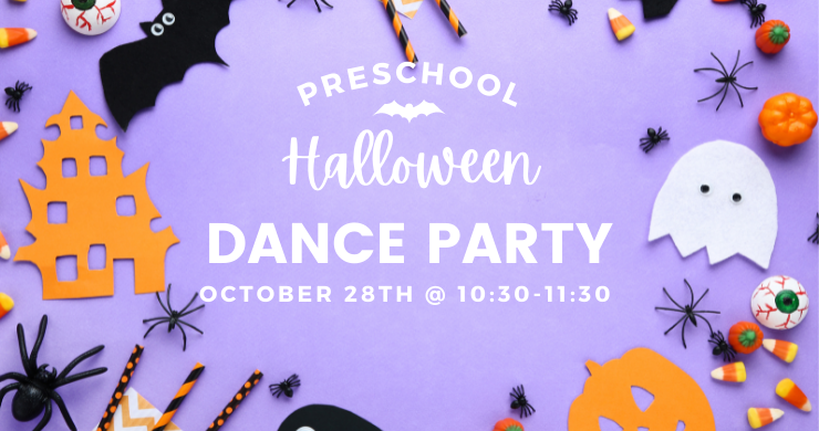 Image of scattered candy corn, foam bats, haunted houses, and ghosts: Preschool Halloween Dance Party, October 28 at 10:30