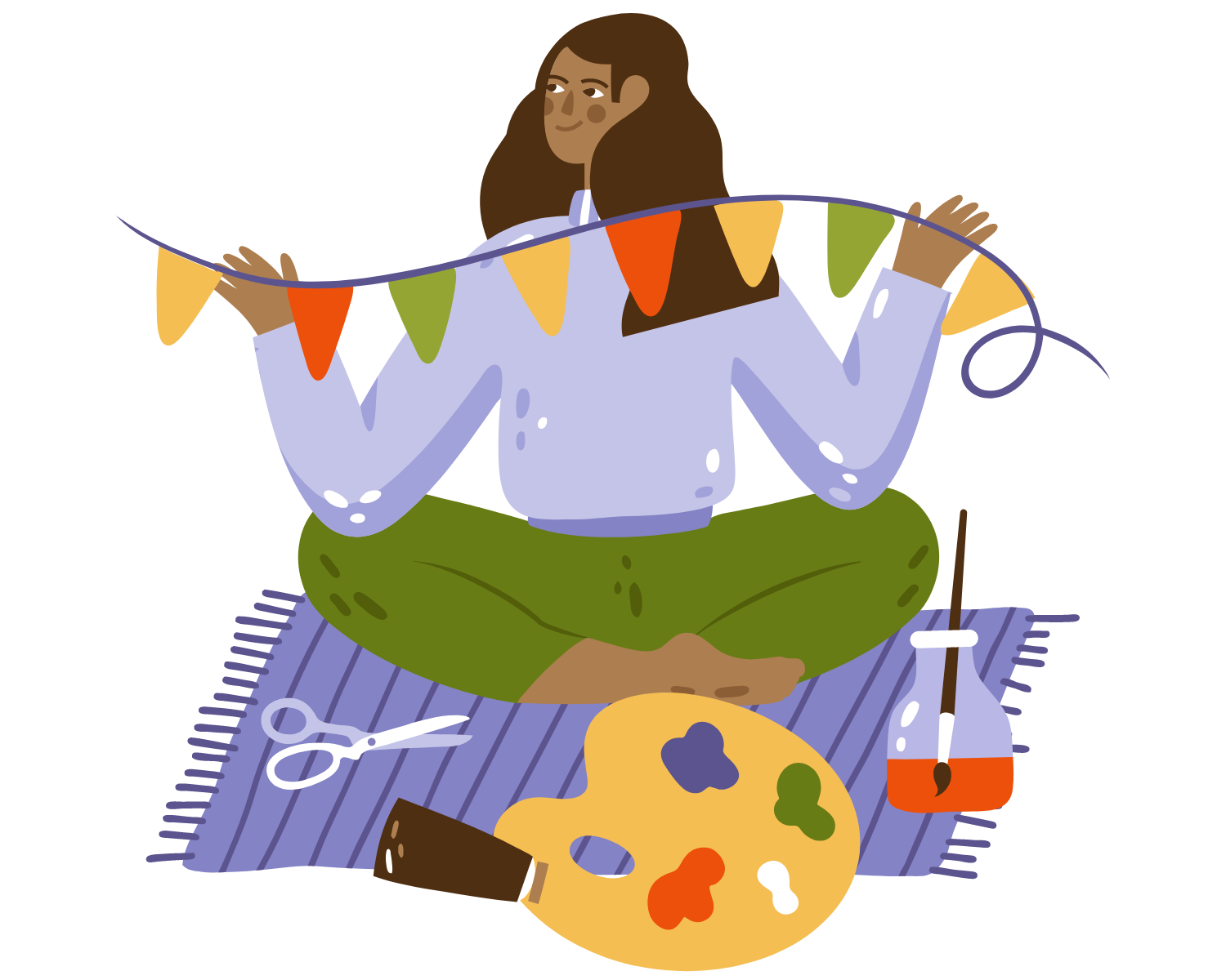 illustration of a person sitting on a rug while doing arts and crafts