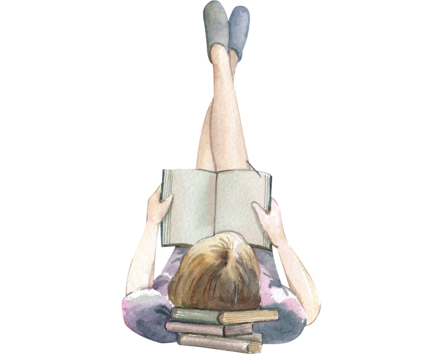 watercolor illustration of a person laying on the floor reading a book