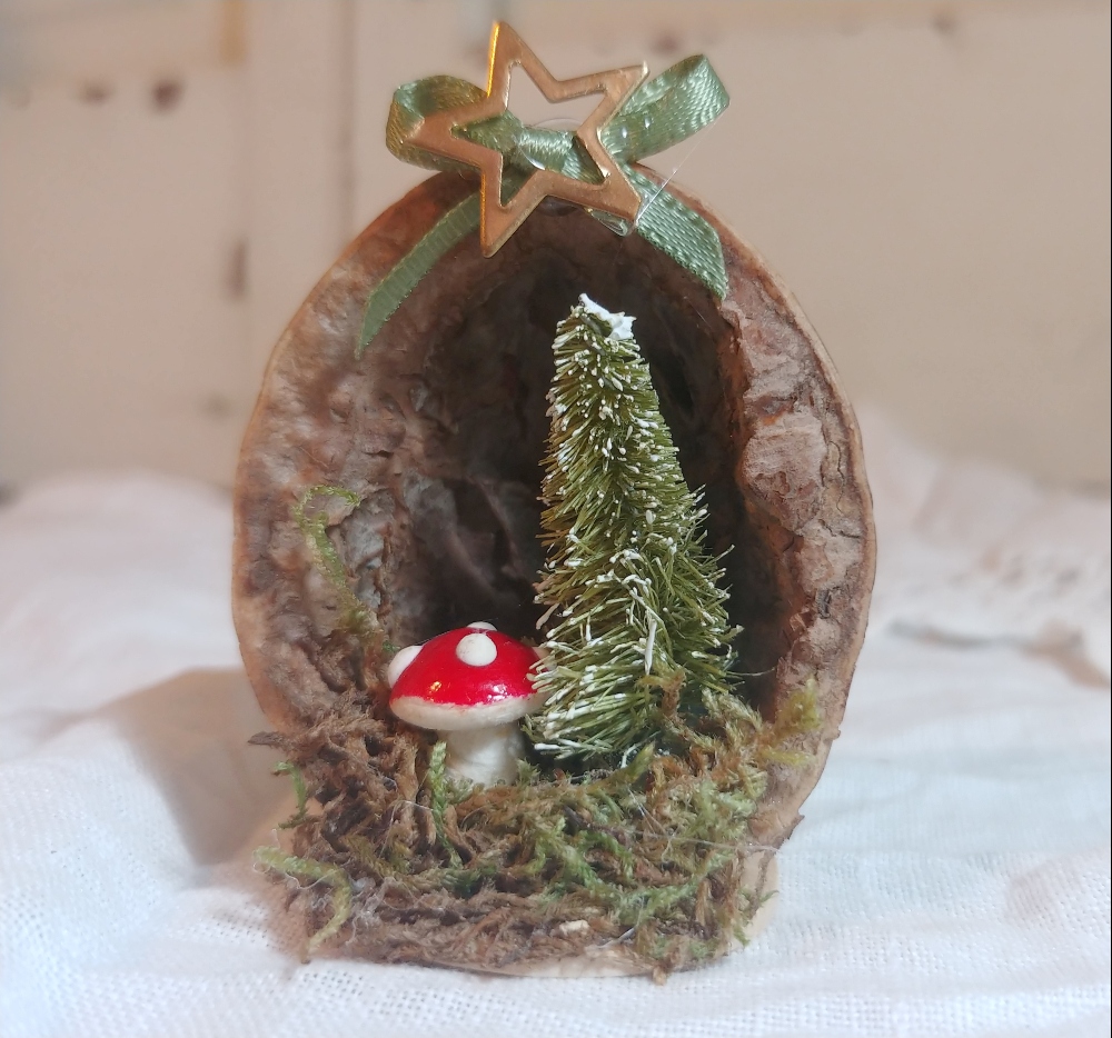 Image of a walnut shell with moss, a miniature mushroom, and a miniature tree inside