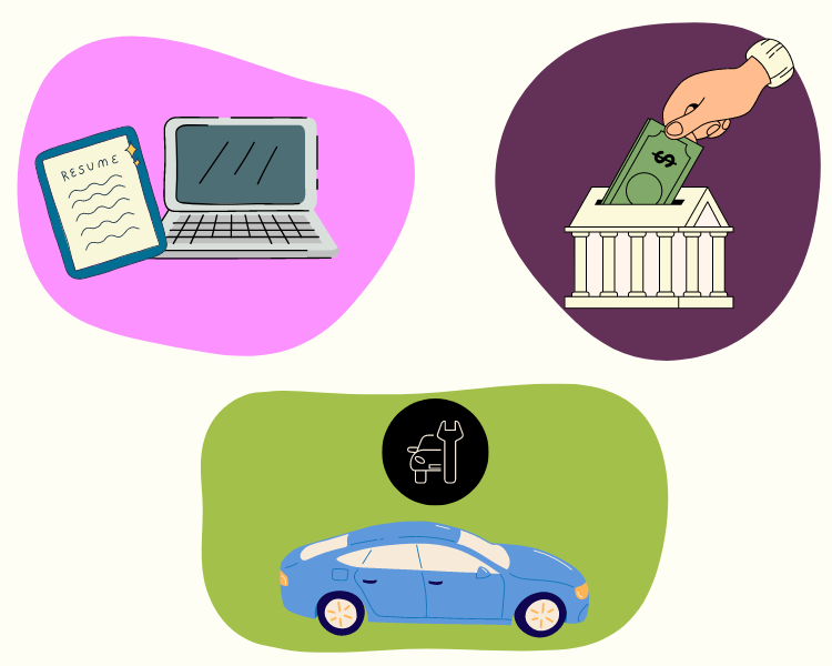 Illustration of a resume, a laptop, a car, and a giant hand putting money into a bank