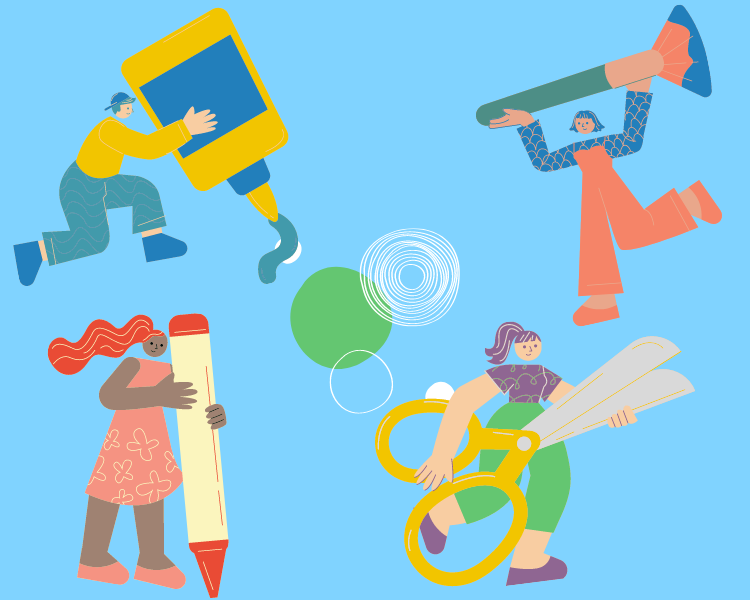 Illustration of four people holding absurdly large arts and craft supplies 