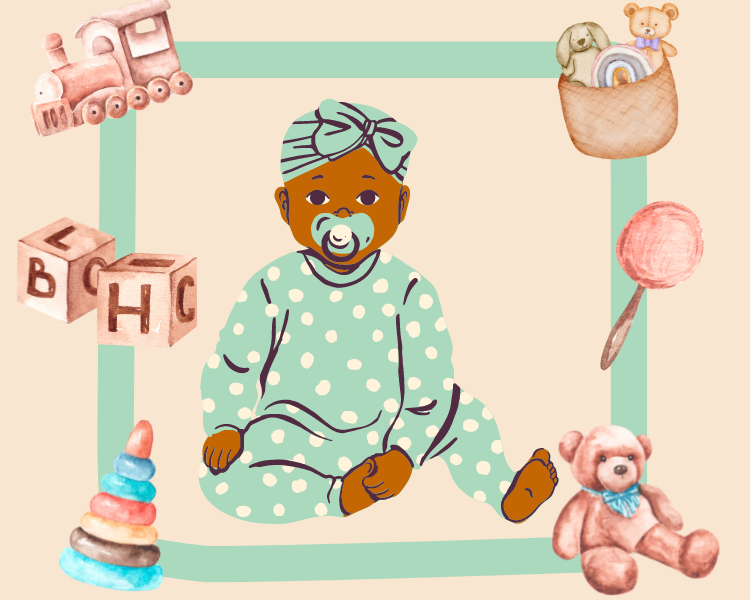 Illustration of a baby surrounded by wooden and cloth toys