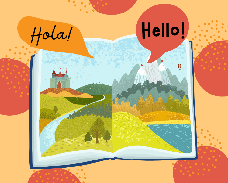Illustration of an open book and speech bubbles with the words, "Hello!" and "Hola!" written inside