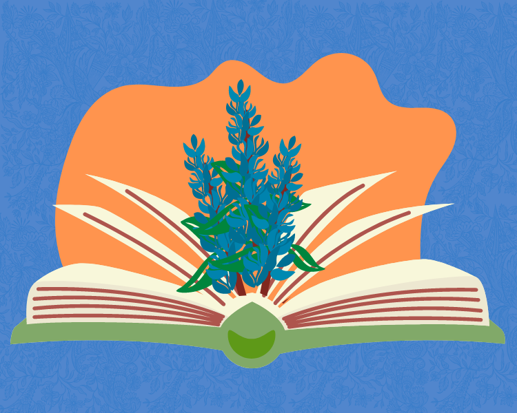 Illustration of an open book with a bouquet of bluebonnets inside