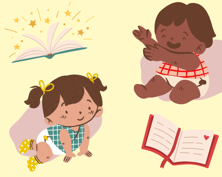 Illustration of two babies and two books