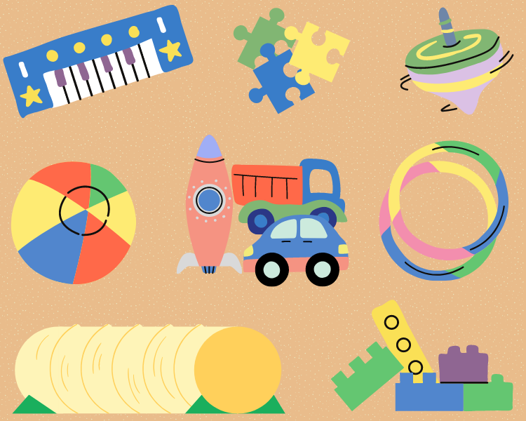 Illustration of a toy keyboard, puzzle, spinning top, ball, a car, a rocket, hula hoops, a tunnel, and blocks