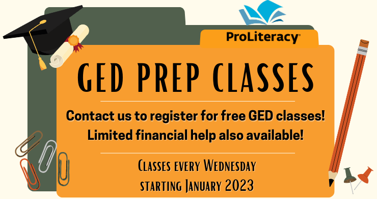 GED class registration, classes every Wednesday, call for more info