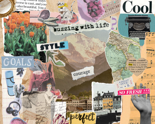 A collage of cutout images (mountains, flowers, a yoga mat, and a typewriter) and words layered on top of one another