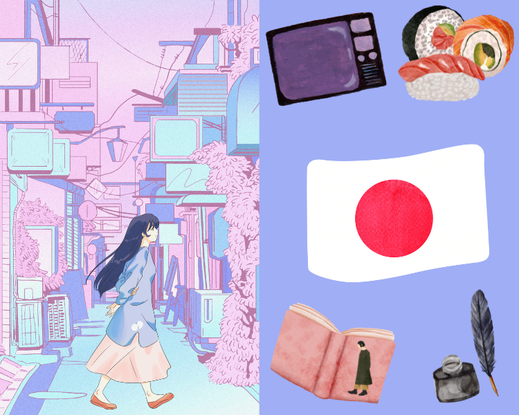 Illustration of a girl walking through the city; television, sushi, Japanese flag, calligraphy supplies, and a book float beside her