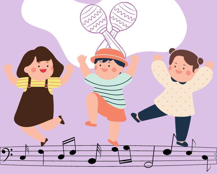 Illustration of three smiling children dancing on top of musical notes