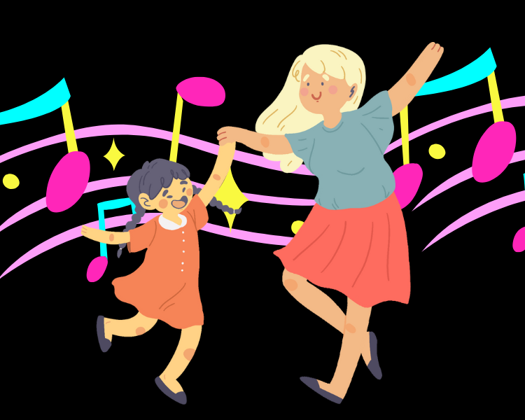 Illustration of an adult and a child dancing in front of giant floating musical notes