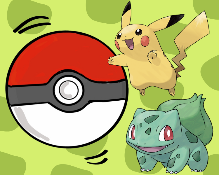 Illustration of a pokeball, Pikachu, and Bulbasaur