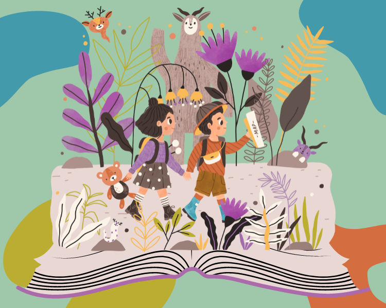 Illustration of children walking across an open book with magical creatures and plants in the background