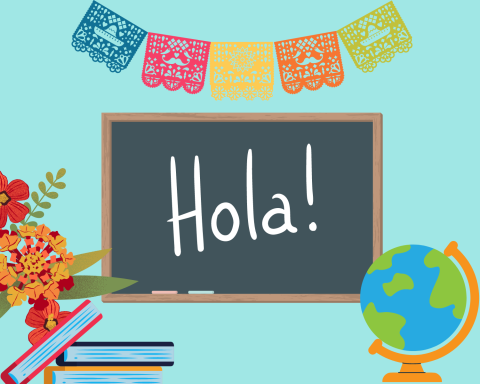 colorful sign and chalkboard that says hola