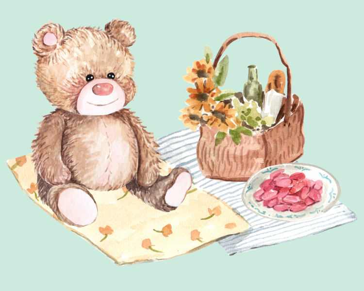 Illustration of a teddy bear sitting on a picnic blanket near a picnic basket 