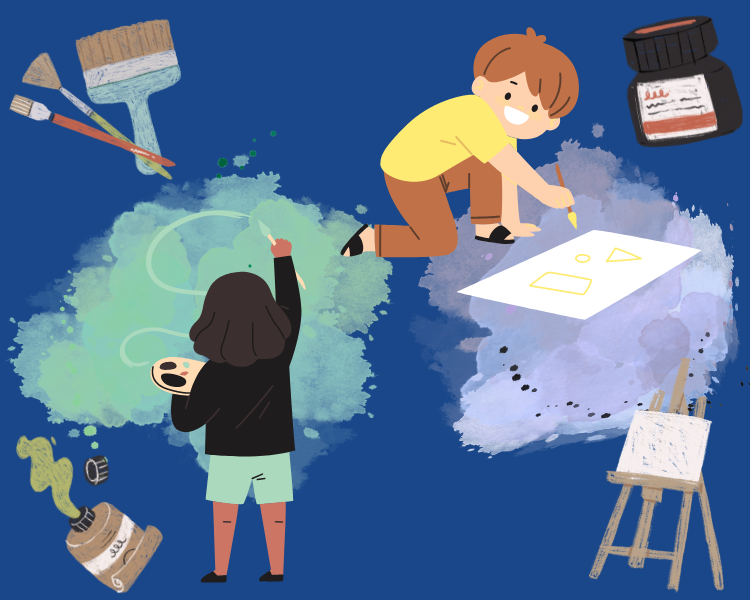 Illustration of two children painting, art supplies floating in the background
