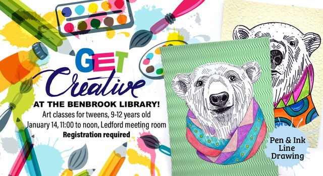 Get Creative at the Benbrook Library: Pen & Ink Line Drawing. Image of a polar bear drawn in ink.