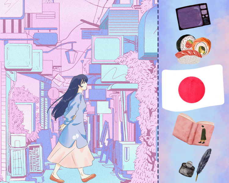 Illustration of a girl walking through a neighborhood; sushi, calligraphy supplies, the flag of Japan, a novel, and a television float in the background