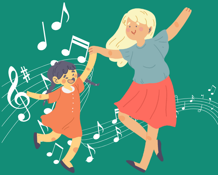 Illustration of a child and adult dancing together as musical notes float around them