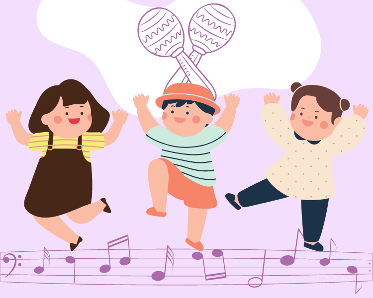 Illustration of three children dancing atop musical notes