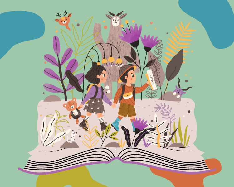 Illustration of two children walking through the pages of an open book