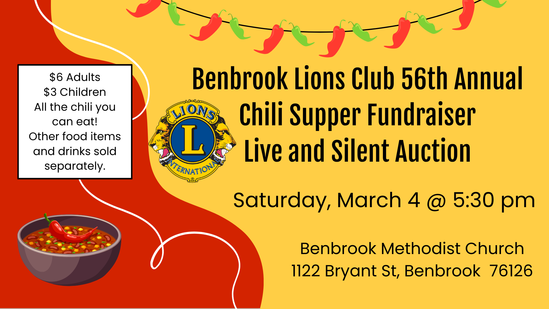 Lions club 56 annual chili supper fundraiser saturday march 4 at 5:30pm