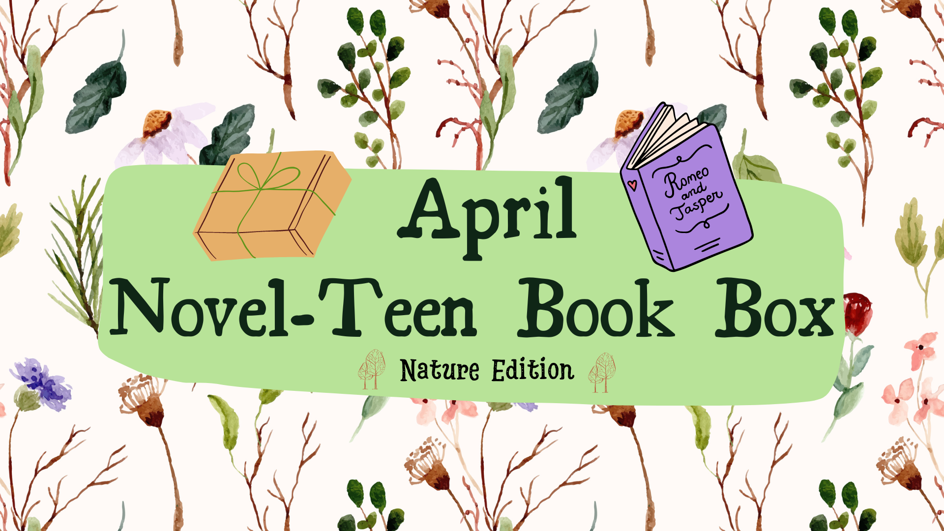 April Novel-Teen Book Box; illustration of a package, a book, and flowers