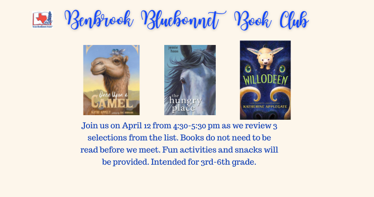 bluebonnet book club april 12 at 4:30pm