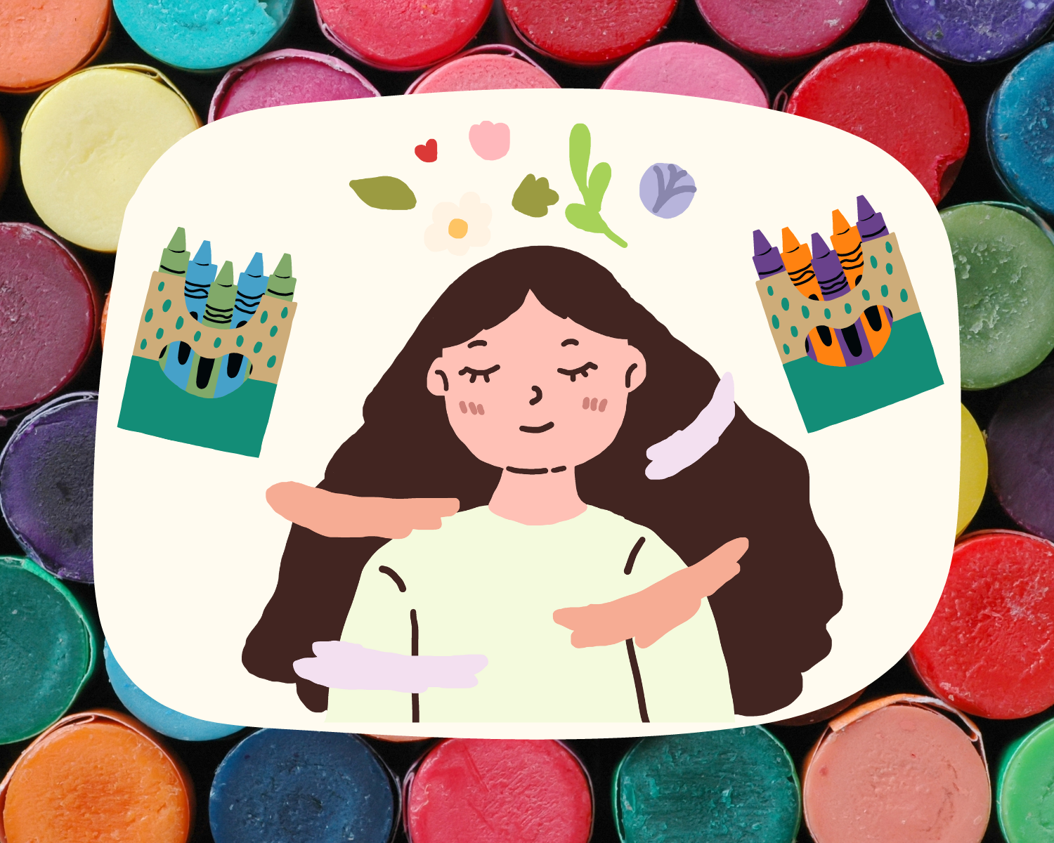 Illustration of a girl with a calm expression and two boxes of crayons 