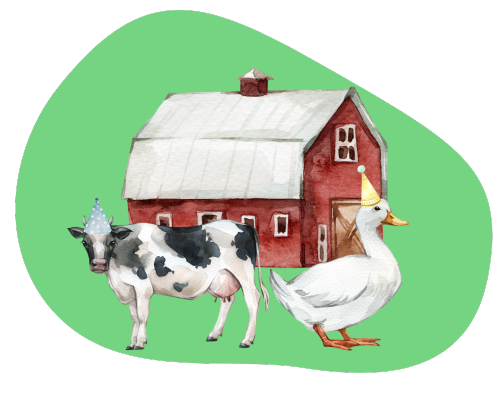 Illustration of a barn, a cow wearing a party hat, and a duck wearing a party hat