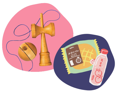 Image of a kendama and Japanese snack foods
