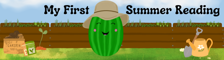 Illustration of a smiling watermelon standing in a garden near seed packets and a seedling