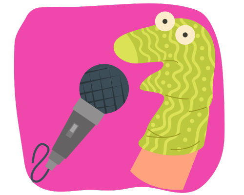 Illustration of a sock puppet and a microphone