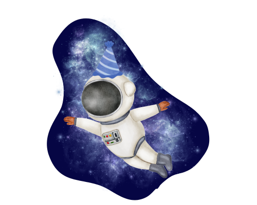 Illustration of an astronaut wearing a party hat floating amongst stars