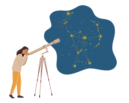 Illustration of a person looking at a constellation through a telescope