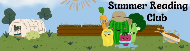 Illustration of smiling vegetables standing near a greenhouse and raised garden beds